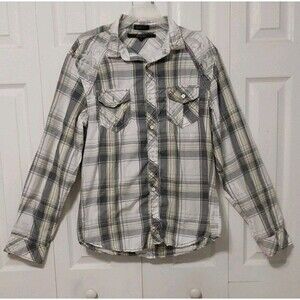 Black LS Slim Fit Western Plaid Shirt Embroidered Button Down Grey Yellow Men L
